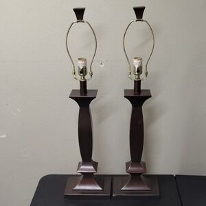 Pair of Mid-Century Modern Geometric Bronze Resin Wood Table Lamps